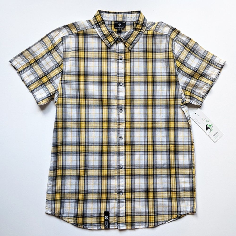 LRG Boy's Plaid  Black Yellow White Button Down Short Sleeve Shirt Extra Large